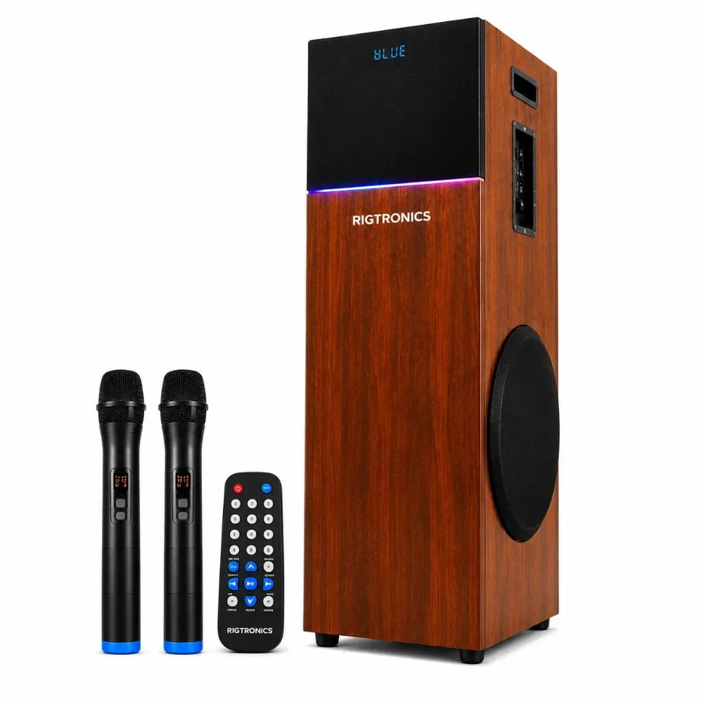 Naad R300 Home Theater Tower Speaker with 2 Wireless Microphones | Bluetooth | USB, AUX & FM | Deep Bass Sound | Wooden Cabinet | Rigtronics Naad R300 Bluetooth Tower Speaker | 80W | 2 Wireless Mics | USB, AUX & FM