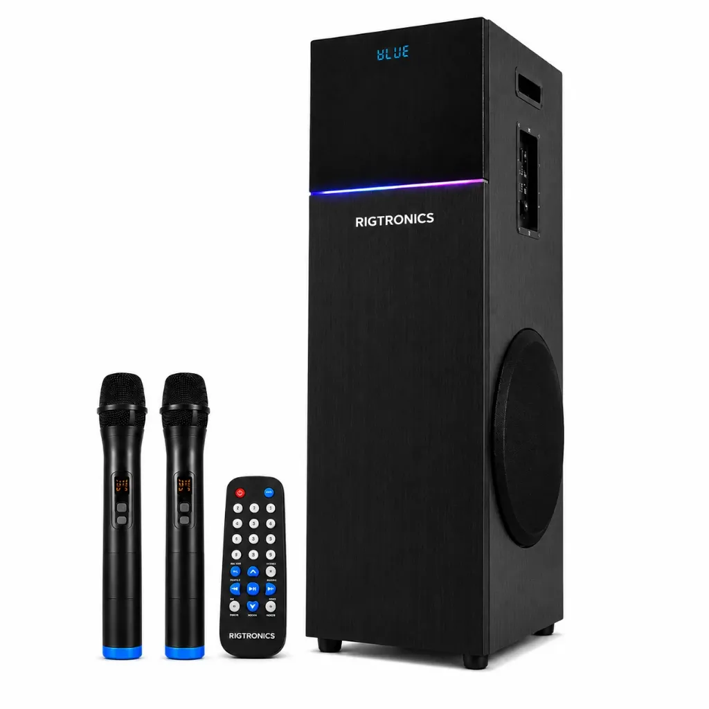 Naad R300 Home Theater Tower Speaker with 2 Wireless Microphones | Bluetooth | USB, AUX & FM | Deep Bass Sound | Wooden Cabinet (Wood Black) | Rigtronics Naad R300 Bluetooth Tower Speaker | 80W | 2 Wireless Mics | USB, AUX & FM